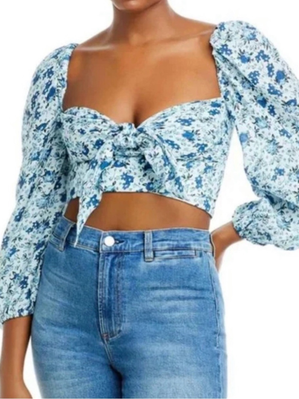 Bardot Blue Floral Tie-Front Puff Sleeve Crop Top